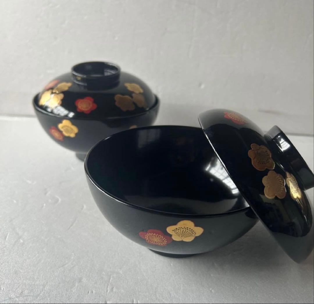 高級漆器 伝統工芸 漆塗 蓋付き お吸物椀 5客　梅 金蒔絵 会津塗