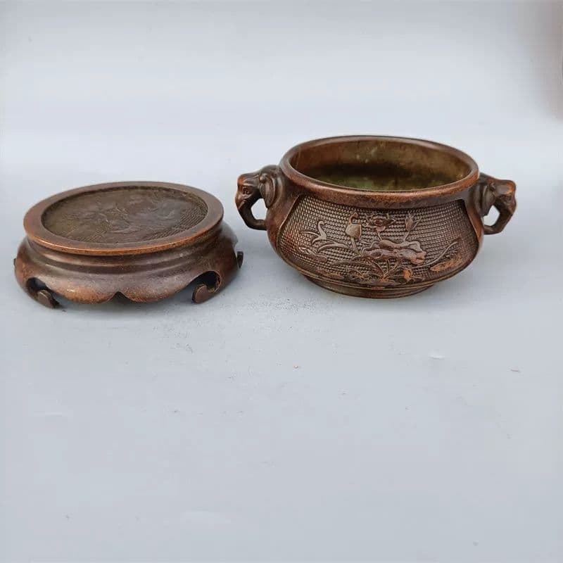 銅器 香炉 象耳蓮花帯台台套炉 盤香 線香炉 仏堂 奉納 工芸品 置物
