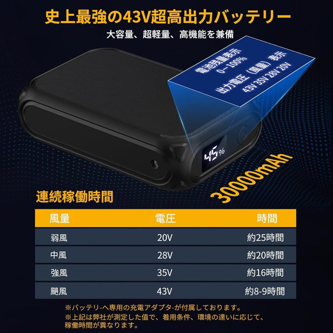 史上最強 43V超高出力 30000mAh 空調作業服 ファン バッテリーセット