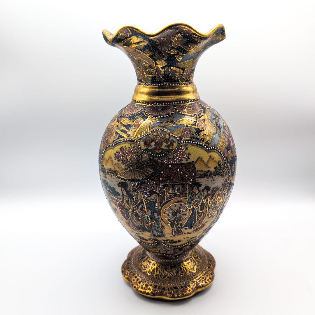 薩摩焼 金襴手 金彩 色絵 豪華絢爛 細密 武者図 美人画 飾壺 花瓶