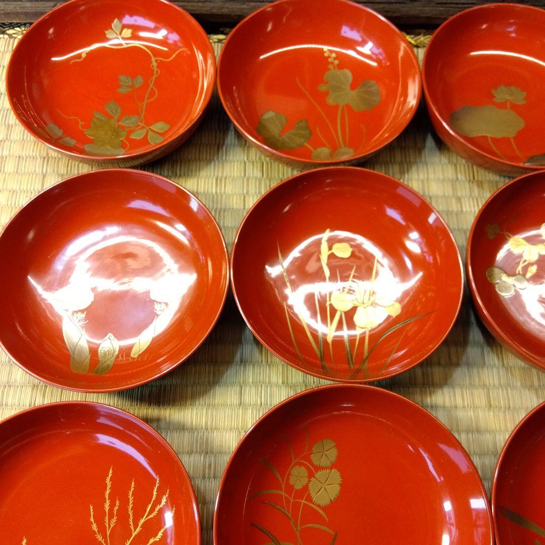 加賀蒔絵　朱塗蒔絵　草花文木皿２０客 　会席　お店使い　漆器　極美品