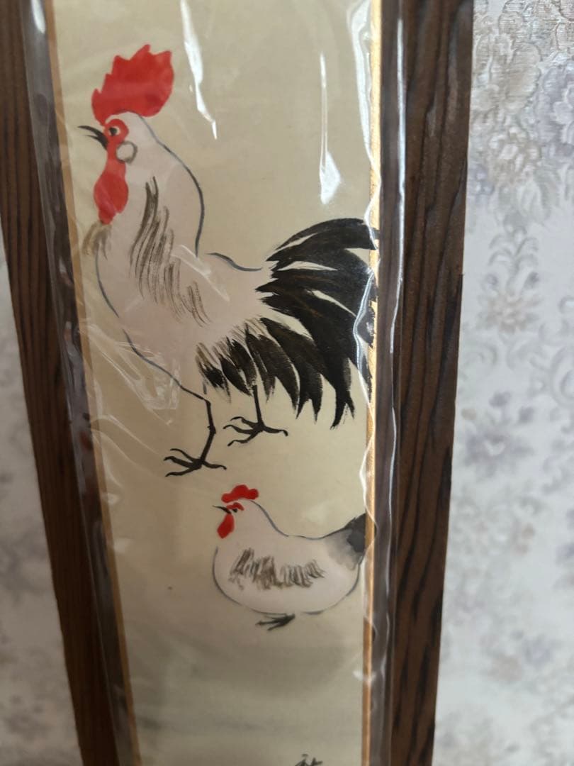 ビンテージ！秋峰作　短冊額　鳥獣画　鶏