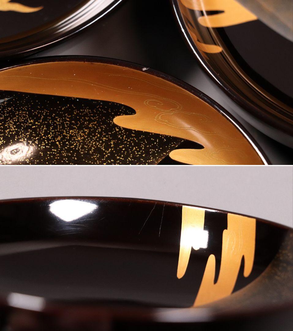 時代輪島塗 一富士二鷹三茄子金銀蒔絵 黒塗吸物椀 五客 木製 茶懐石 CL54