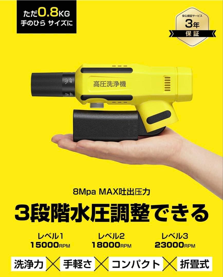 コードレス高圧洗浄機 充電式 超ミニ 折畳式 ポータブル 軽量小型 70分間連続