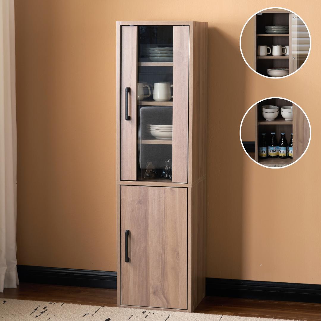 グレー 食器棚 収納付き 高さ120㎝ コンパクト カップボード 飾り棚/扉付