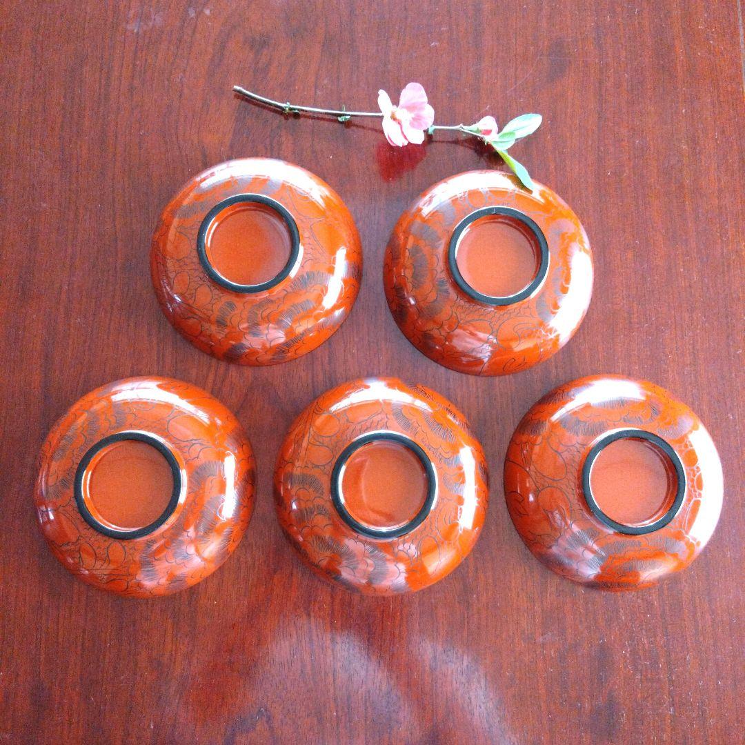 特選漆器 木乾漆 お好み碗 洗朱牡丹　5客