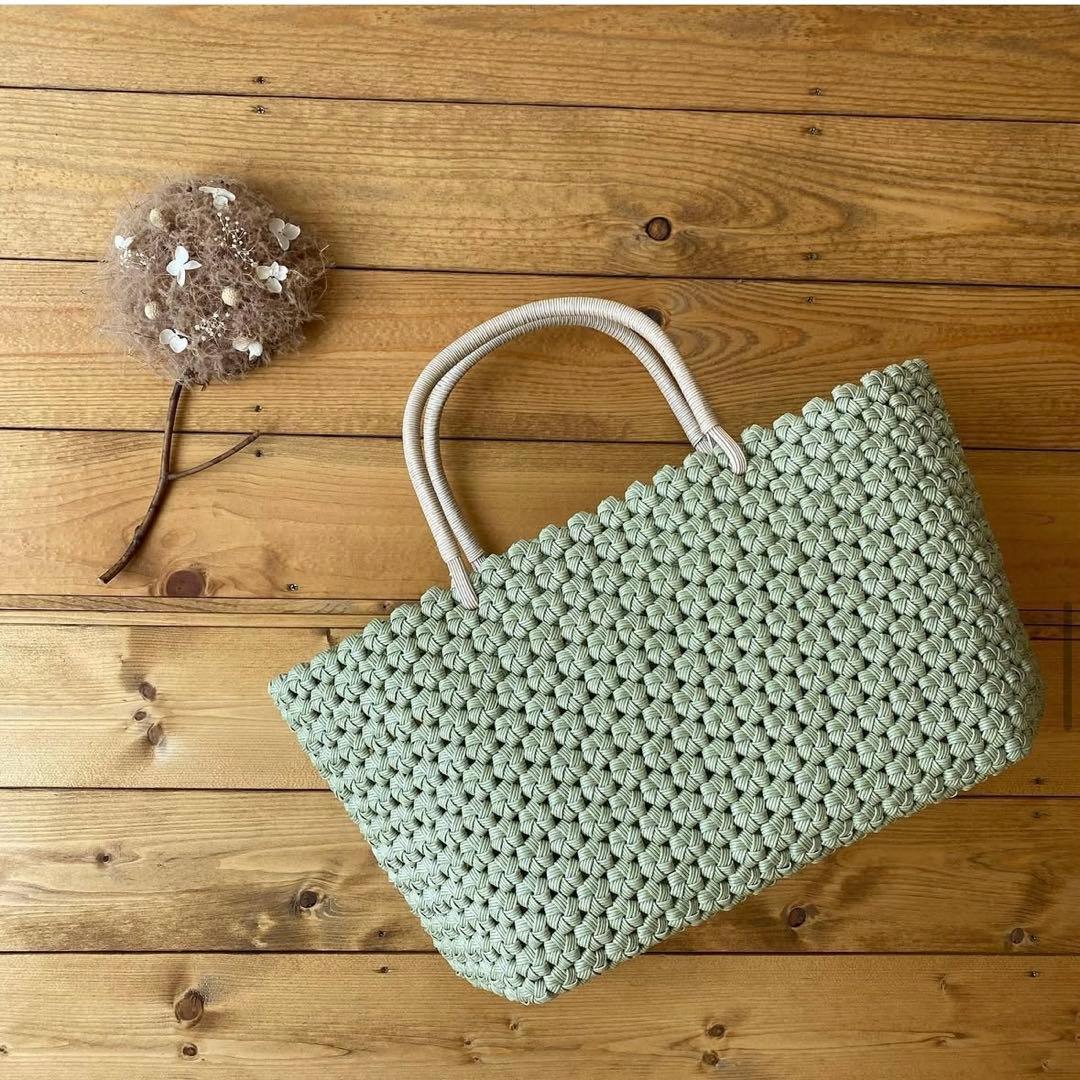 花結び編みカゴバック ハンドメイド わさび色