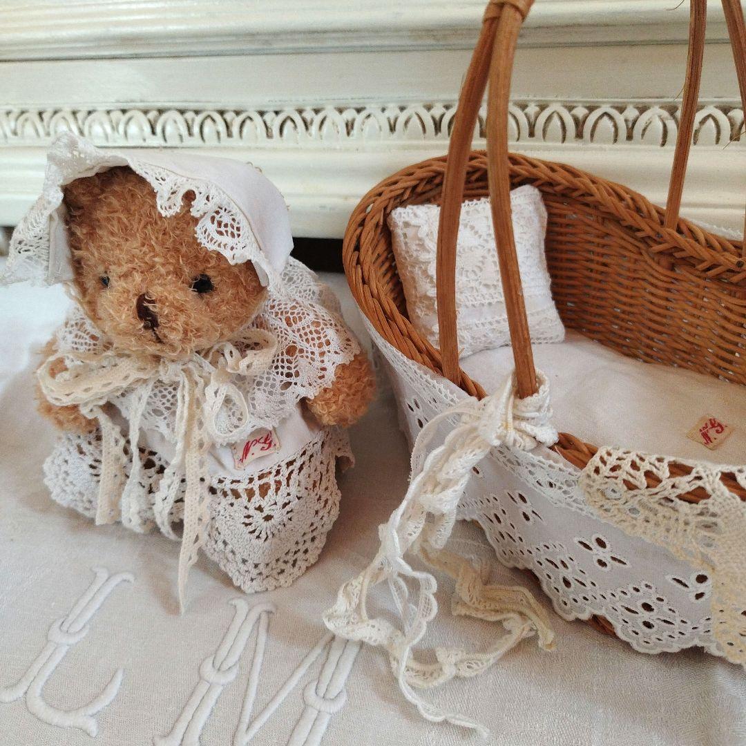 フランスアンティークリネン*くま&カゴベッドセット*テディベア*ハンドメイド