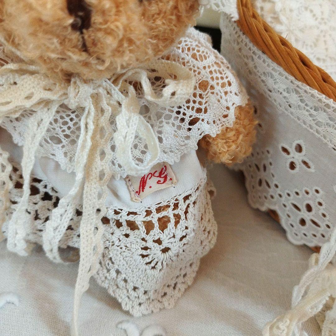 フランスアンティークリネン*くま&カゴベッドセット*テディベア*ハンドメイド