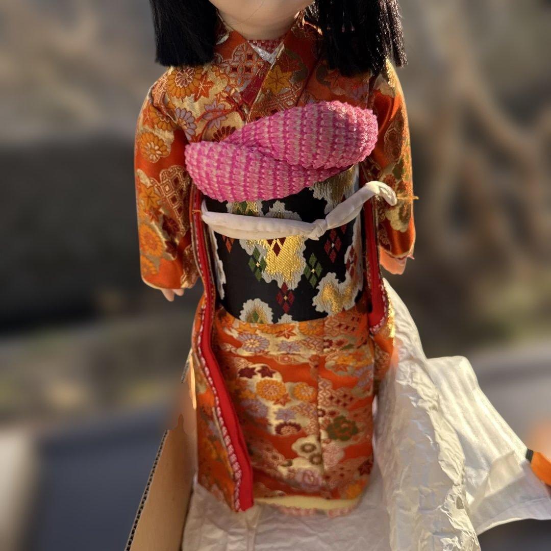 市松人形 黒髪 オレンジと白の着物　SALE!