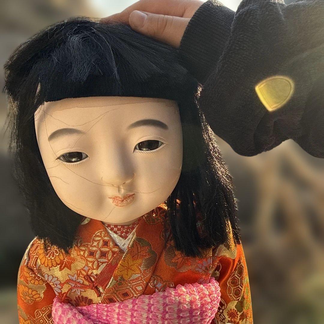 市松人形 黒髪 オレンジと白の着物　SALE!