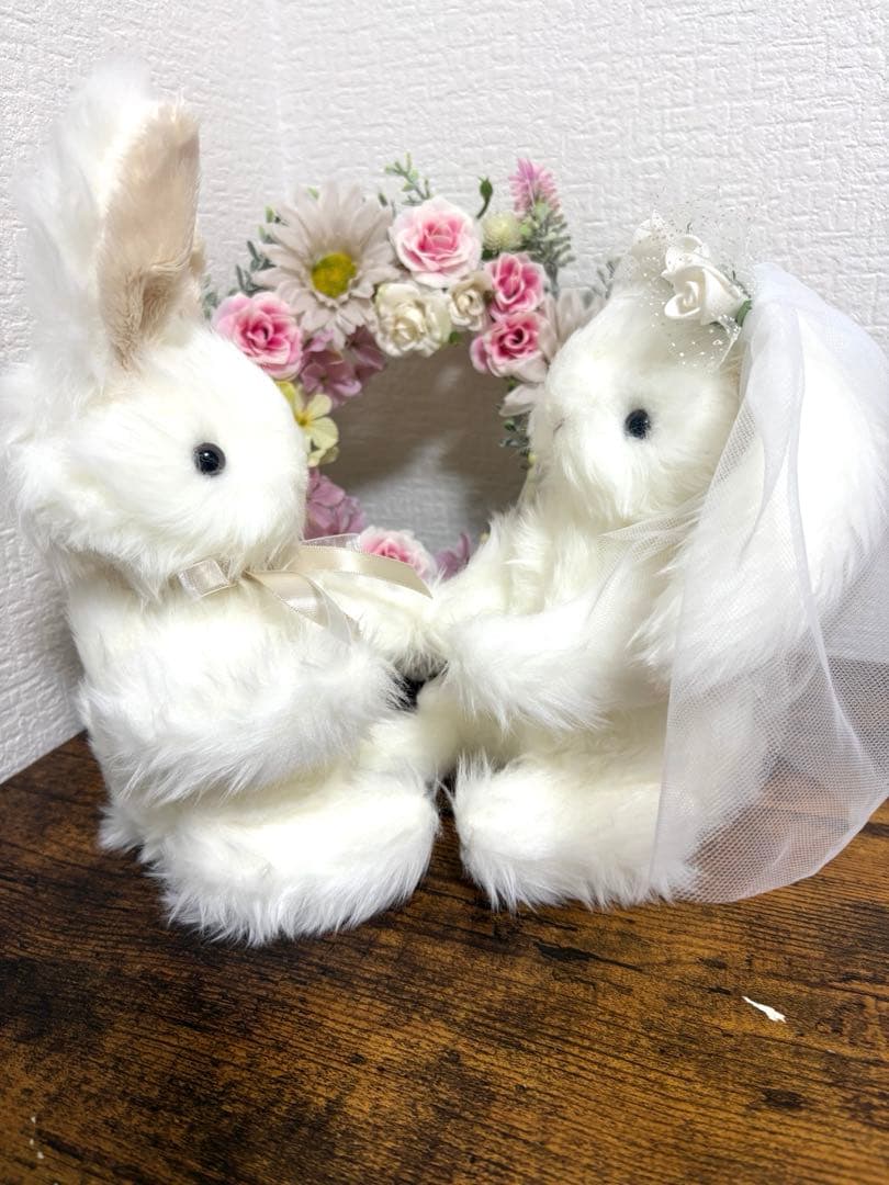 ハンドメイドぬいぐるみ ウェディングペア 寄り添ううさぎ 一点もの 結婚祝い