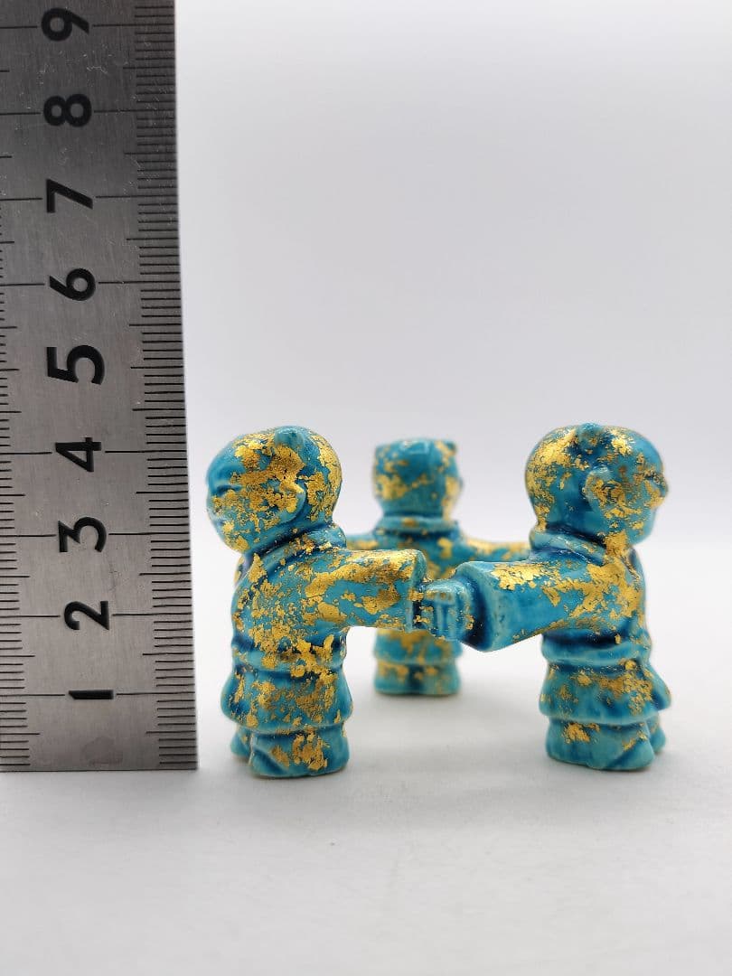 d031【未使用品】蓋置　浅黄交趾 三ツ人形 中村翠嵐 木箱 茶道具