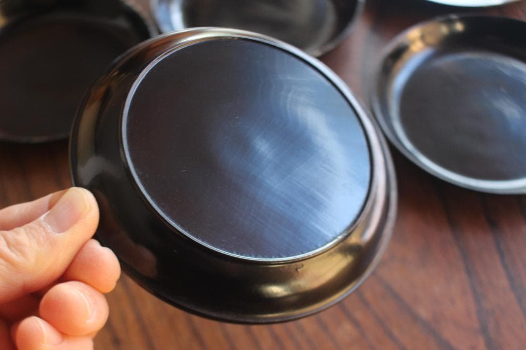 小傷有！シンプルデザインに時代黒漆の映える小皿5点（検輪島塗菓子皿銘々皿