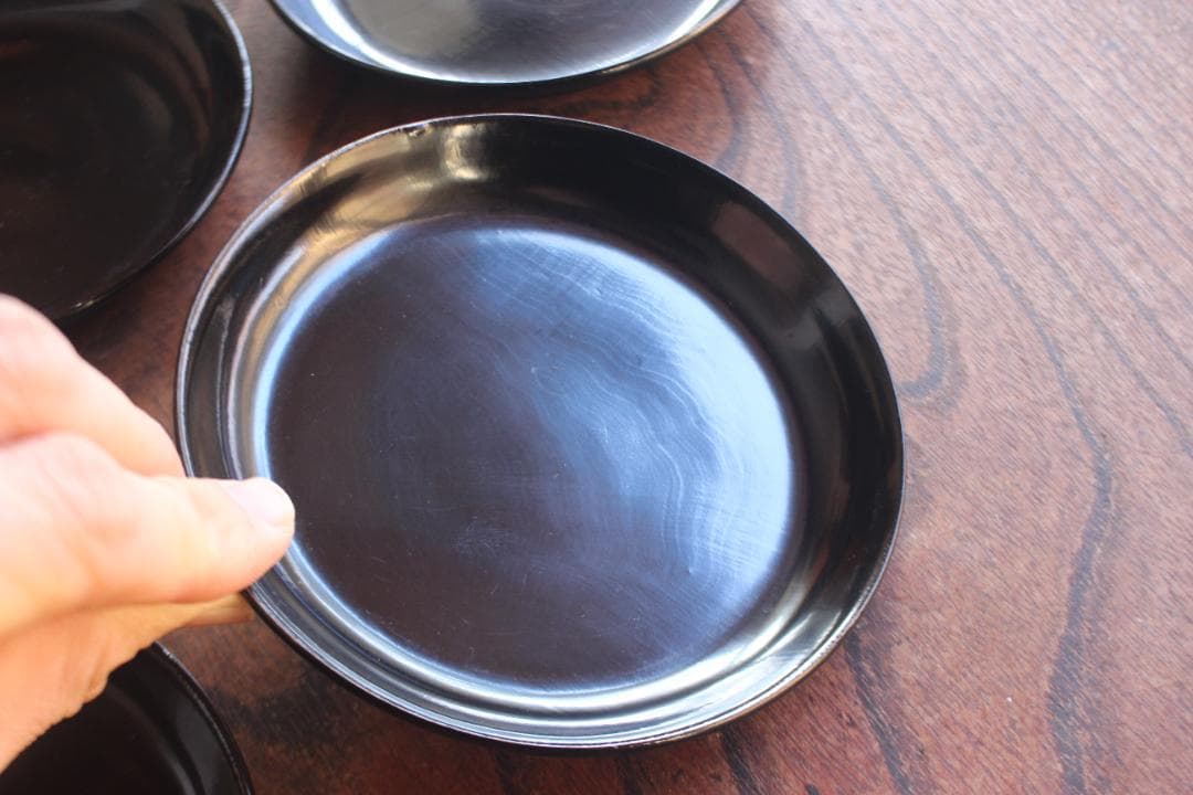 小傷有！シンプルデザインに時代黒漆の映える小皿5点（検輪島塗菓子皿銘々皿