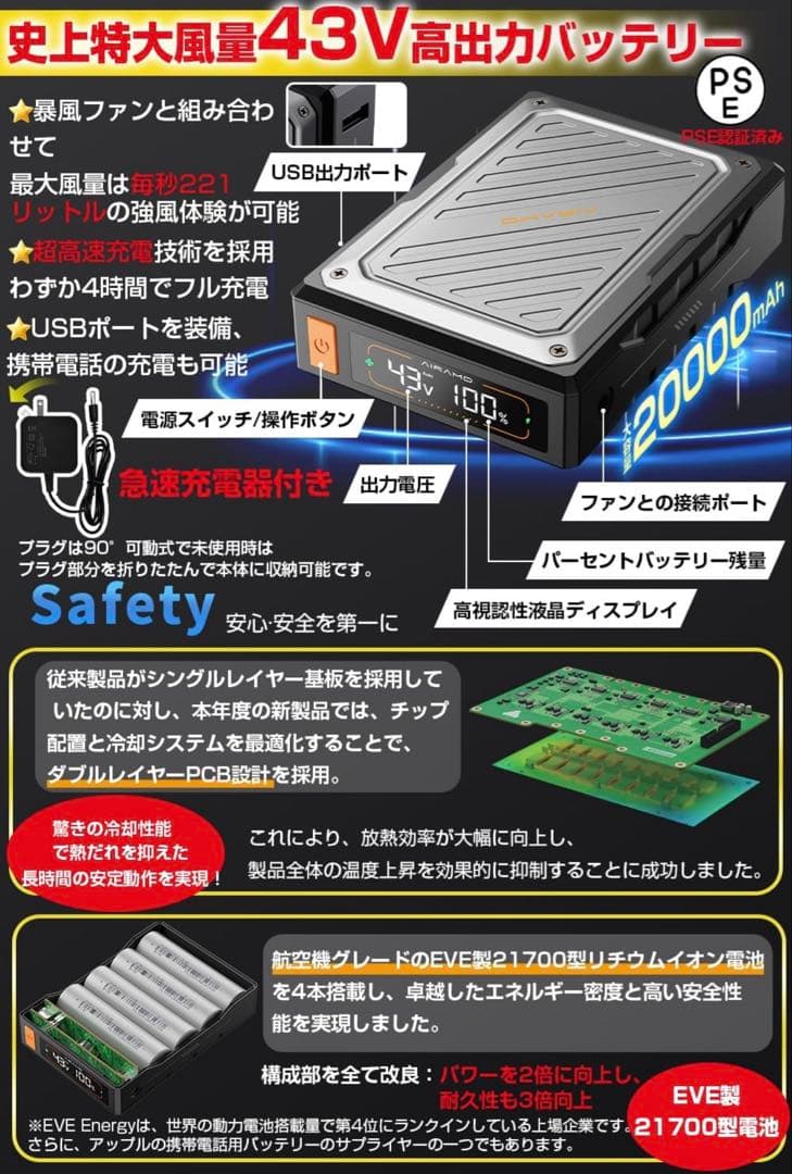 43V超高出力✨ファンバッテリーセット 空調作業服用ファンバッテリー　新品未使用