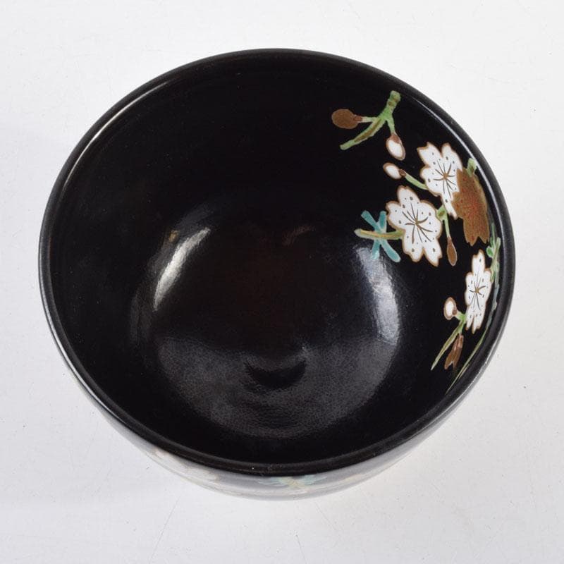 茶道具　京焼　平安桐鳳造　黒仁清　色絵金彩　桜文　茶碗　共布共箱　V　8951