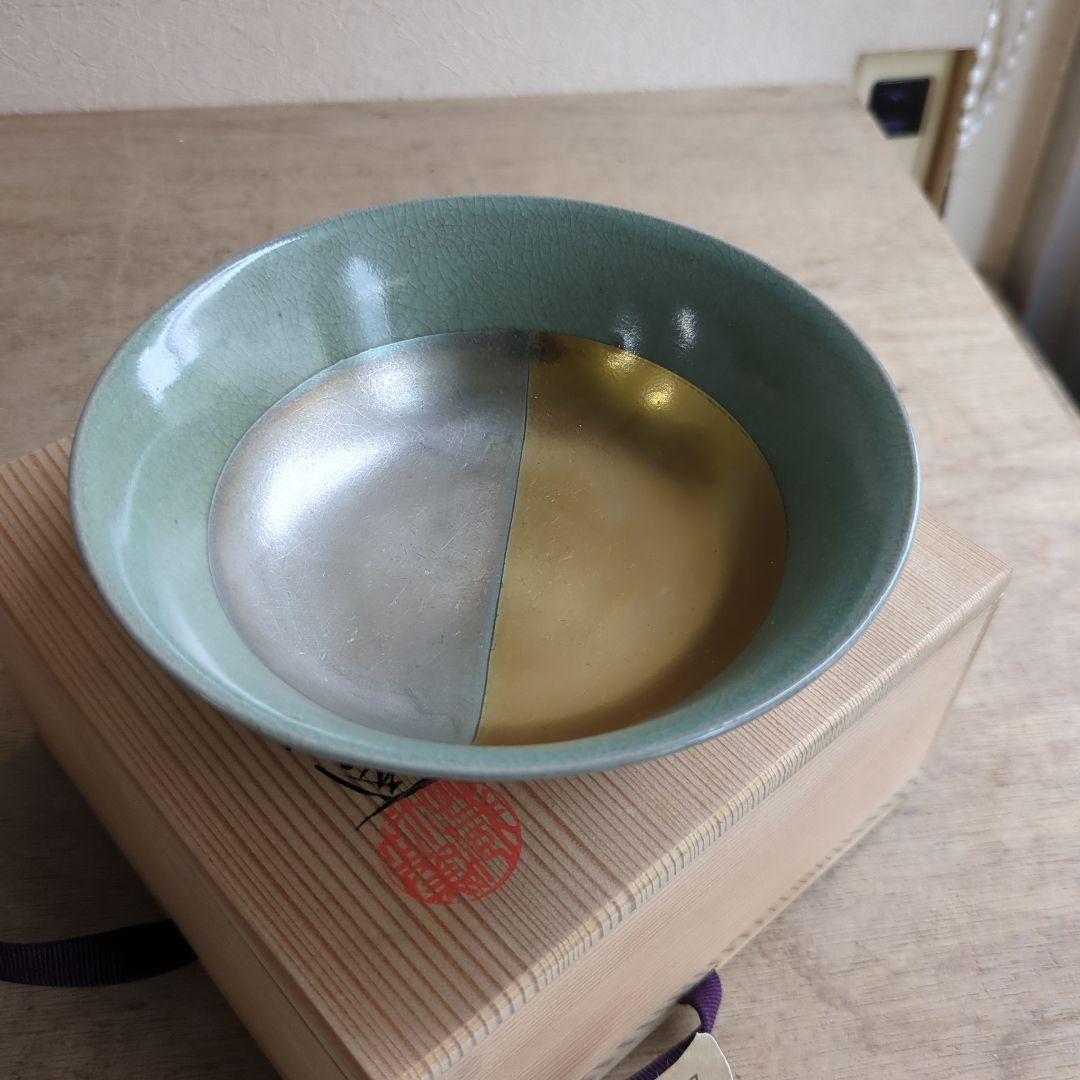 茶碗 高麗青磁 錦彩茶碗 平茶碗 金銀 茶道具 茶道 木箱 在銘