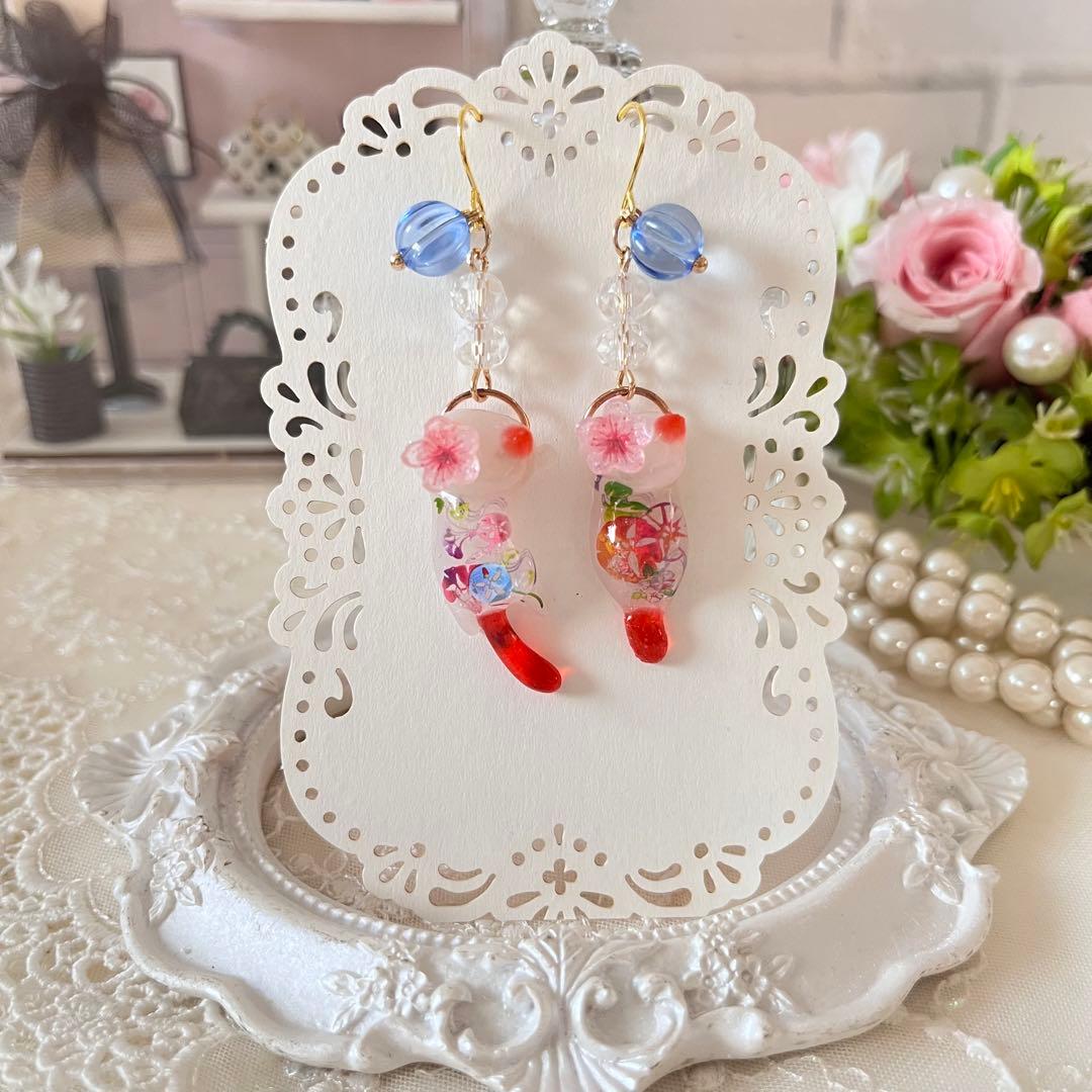 ฅ❤️ ねこ　猫　梅結び　レジン　花　朝顔　ヨーヨー　夏　ピアス　イヤリング