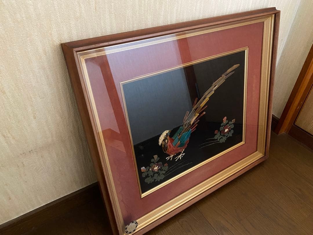 大理石画 孔雀絵 鳥 天然石 アート 額縁 額装