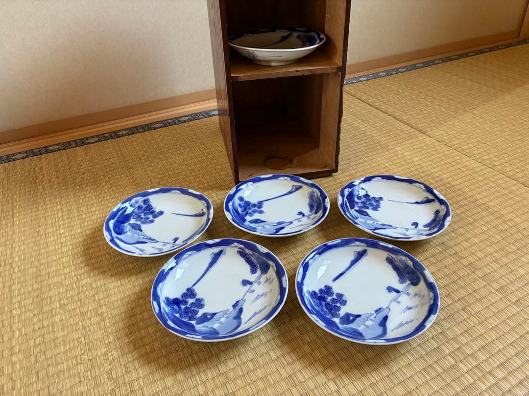 6枚セット 明治 骨董 翁と山水画【100年前の古いお皿】15cm なます皿