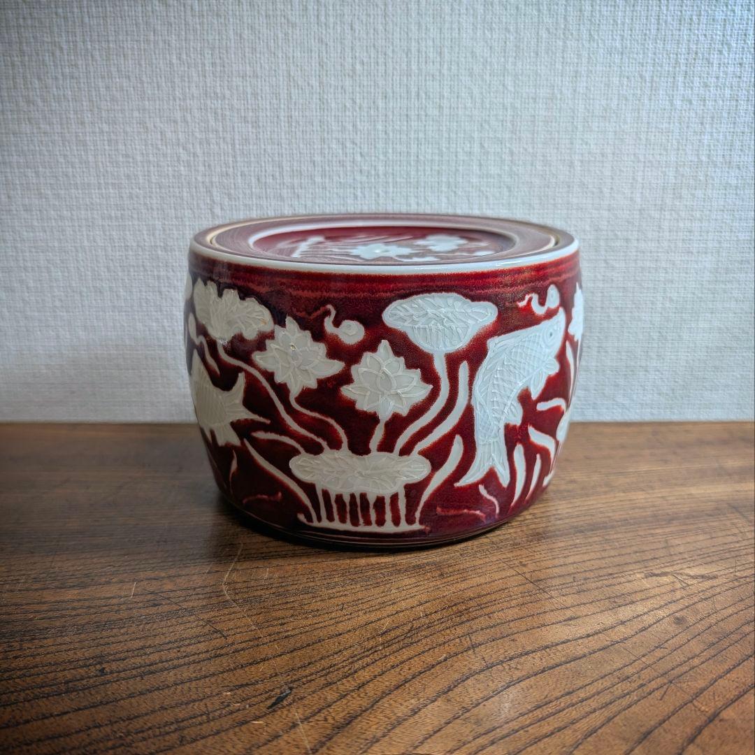 【骨董】大明宣徳年製 銘 コオロギ壺 魚藻文 赤絵 陶磁器（訳あり・鑑賞用）
