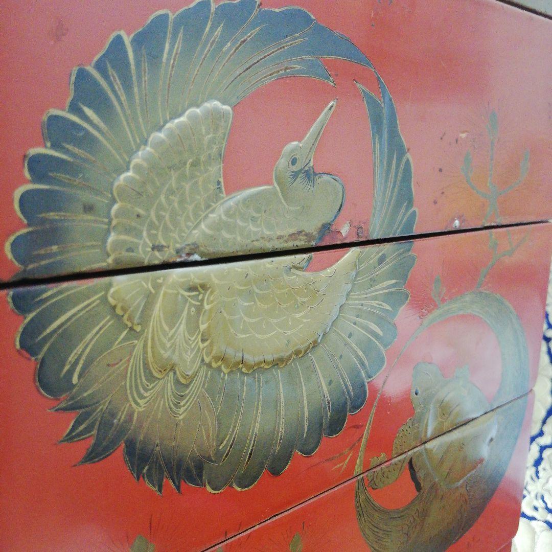 確認用大名家上級武家江戸時代蔵出朱色漆塗本金厚盛蒔絵鶴亀図四段当時物重箱