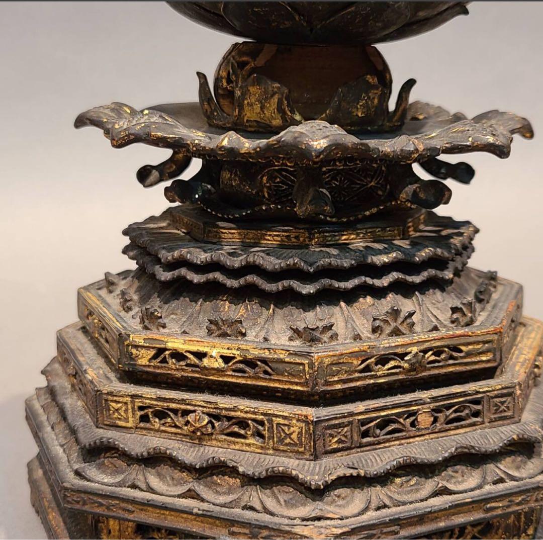 コレクション品 木彫金彩色 蓮台 仏教美術 仏像台座 時代物 骨董 一点物 彫刻