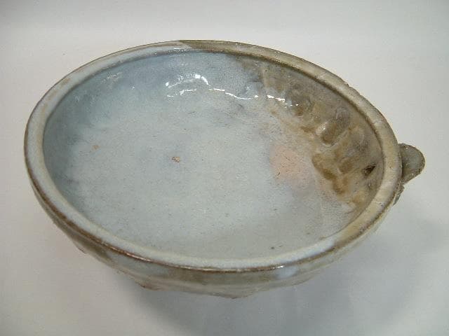 菓子鉢■萩焼き 片口菓子器「守繁栄徹作」高足 深皿 料理皿櫛目 共箱 お茶道具■