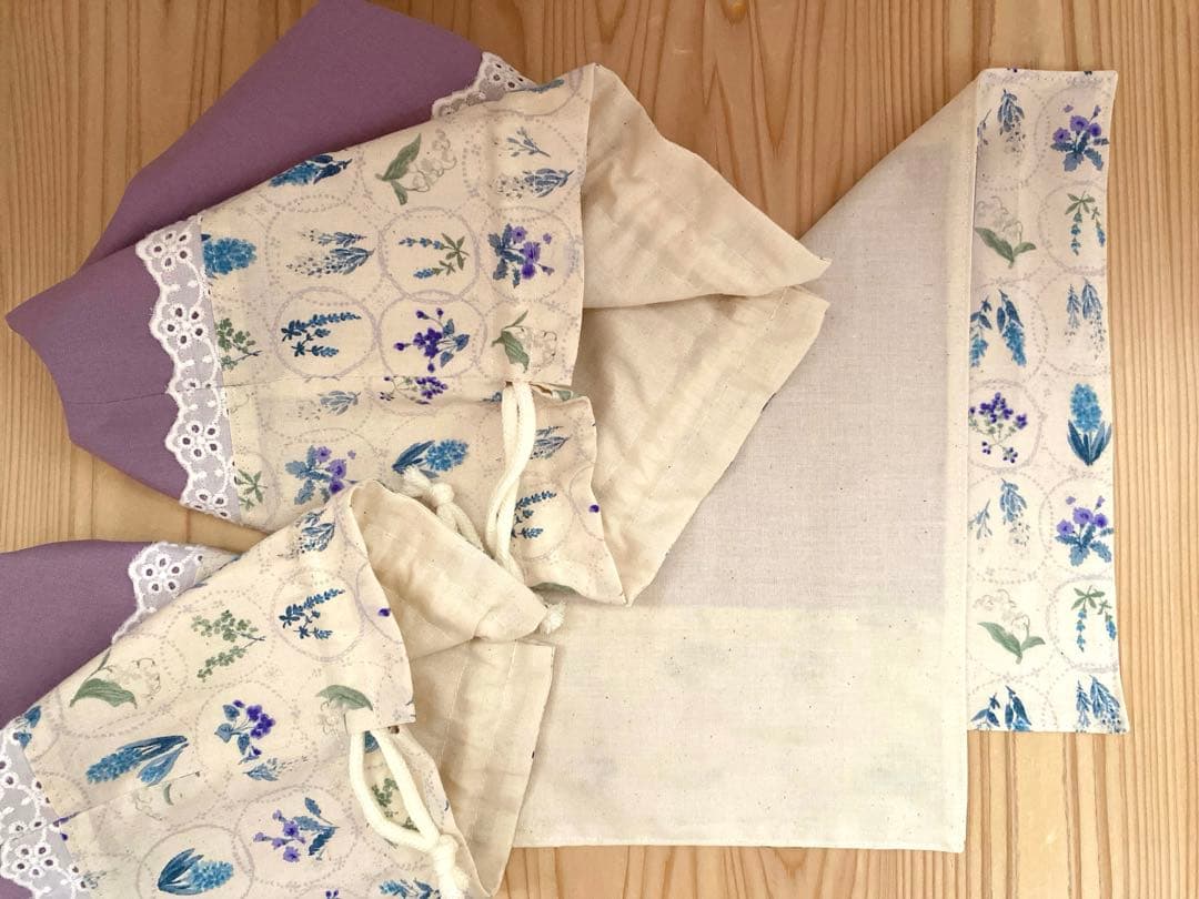ハンドメイド　入園入学準備　６点セット　レッスンバッグ　花柄　オーバル　ブルー