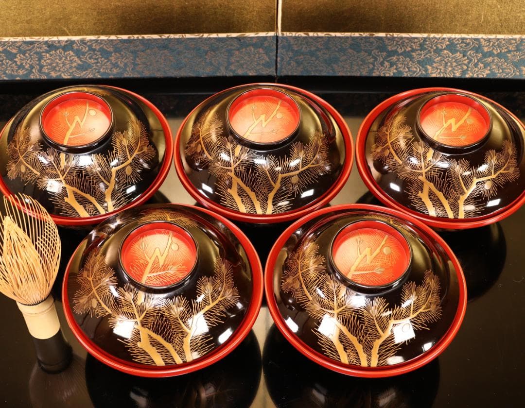 BK508　時代輪島塗　松葉蒔絵　吸物椀　五客　木製　茶道具 懐石 菓子