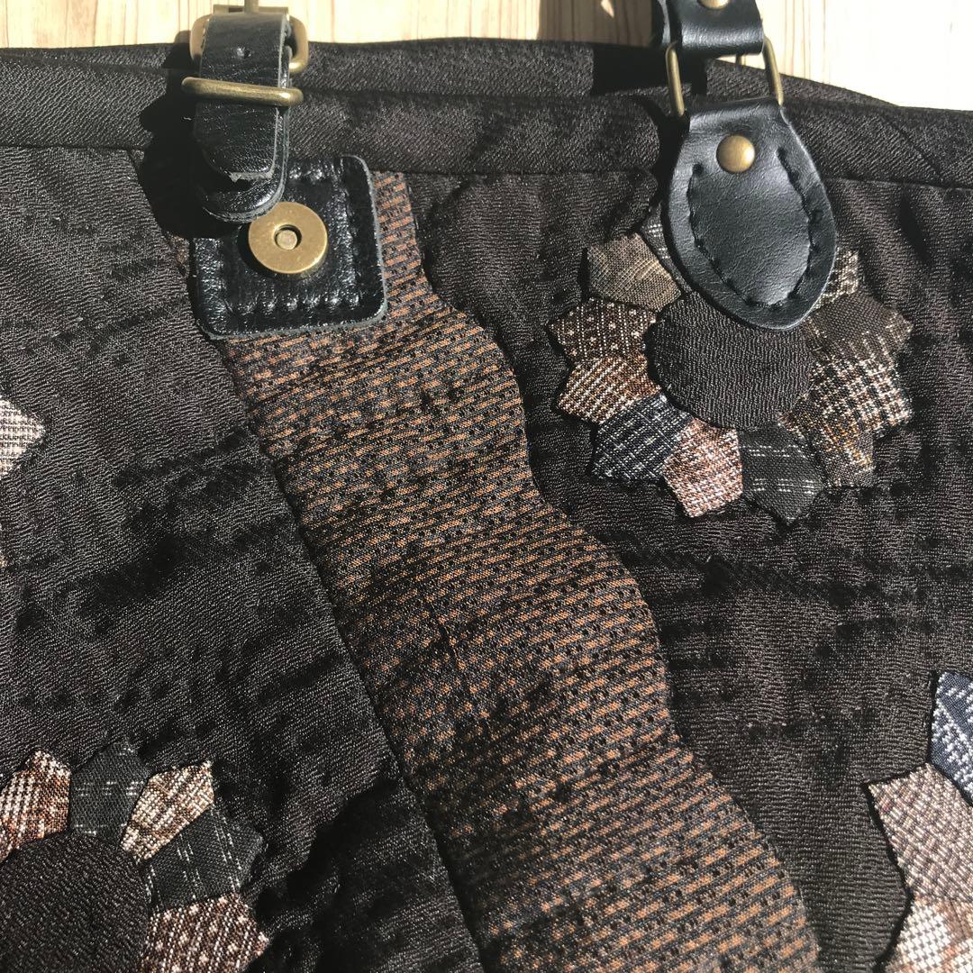 ハンドメイド　パッチワーク　古布　紬　茶系バッグ