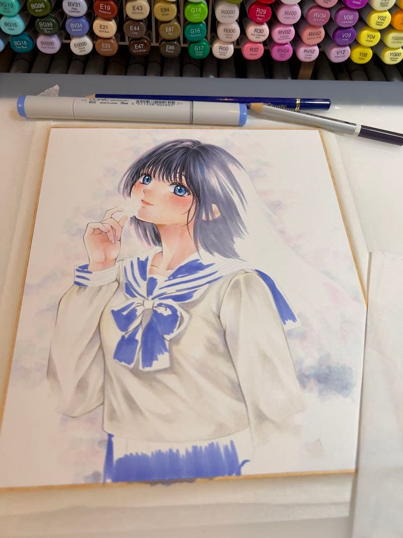 G*m様 手描きイラスト 原画＊桜舞う春の制服少女＊透明な時間＊色紙＊コピック