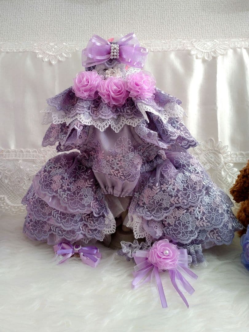 ハナヒラ専用♡ 花柄レース 紫色♡お誕生日ドレス♡ハンドメイド犬服