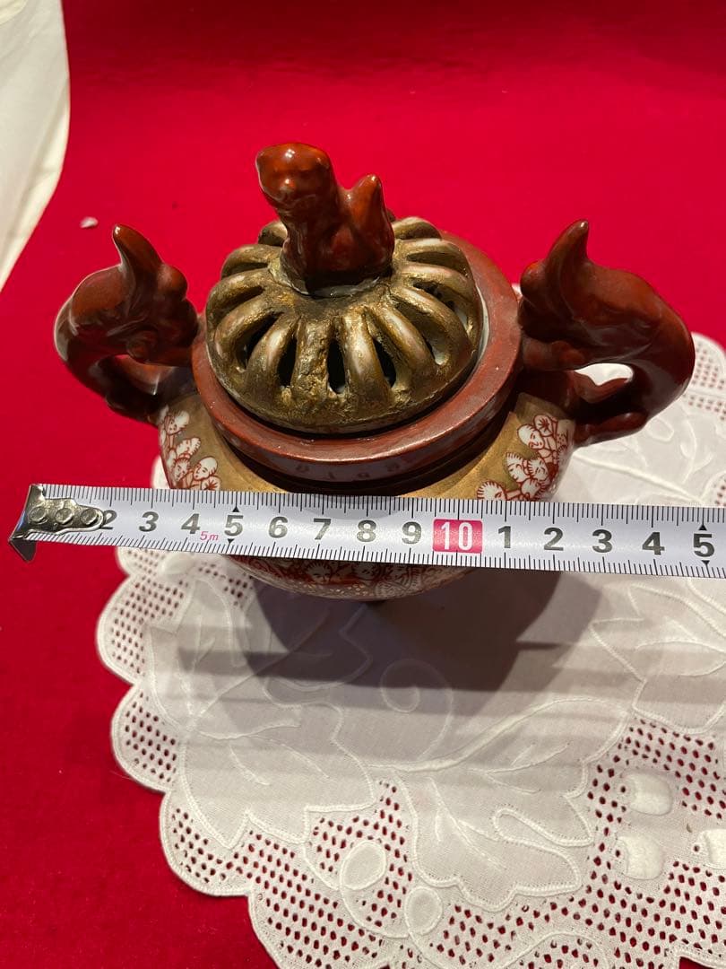 ◉セール！高級　貴重　香炉　銘あり　九谷焼　金彩　赤絵　彫刻　透かし彫り　脚付