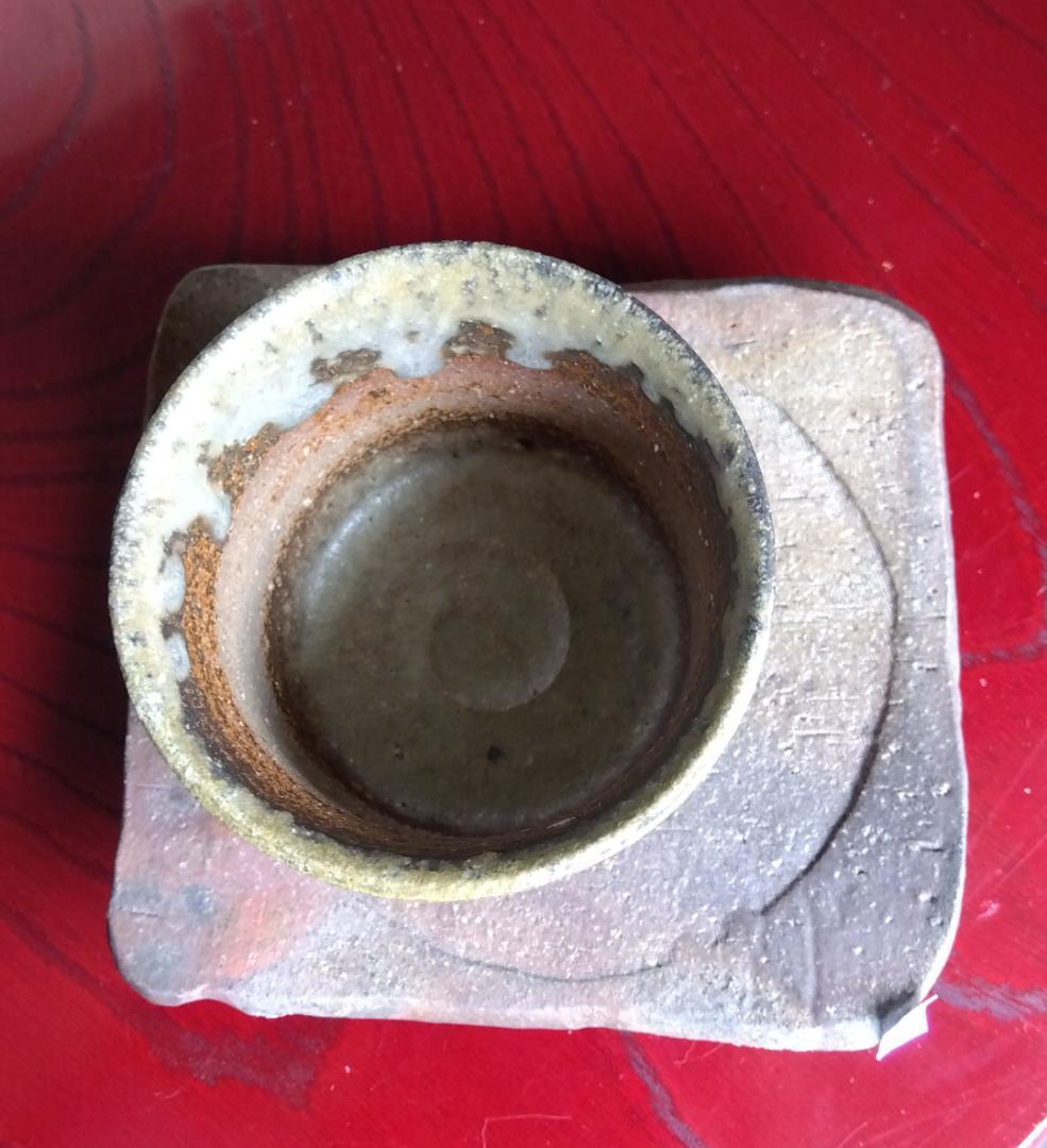 越前焼名工　白越不朝　塩越窯自然灰釉究極美逸品ぐい呑み湯呑3種茶托セットNo:2