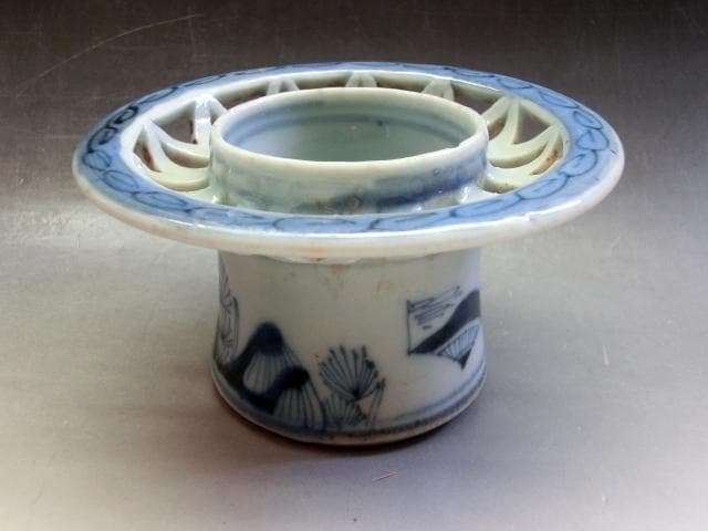 盃台■染付透かし杯台 酒器 唐草 古伊万里(江戸後期～明治期)時代物 古い骨董■