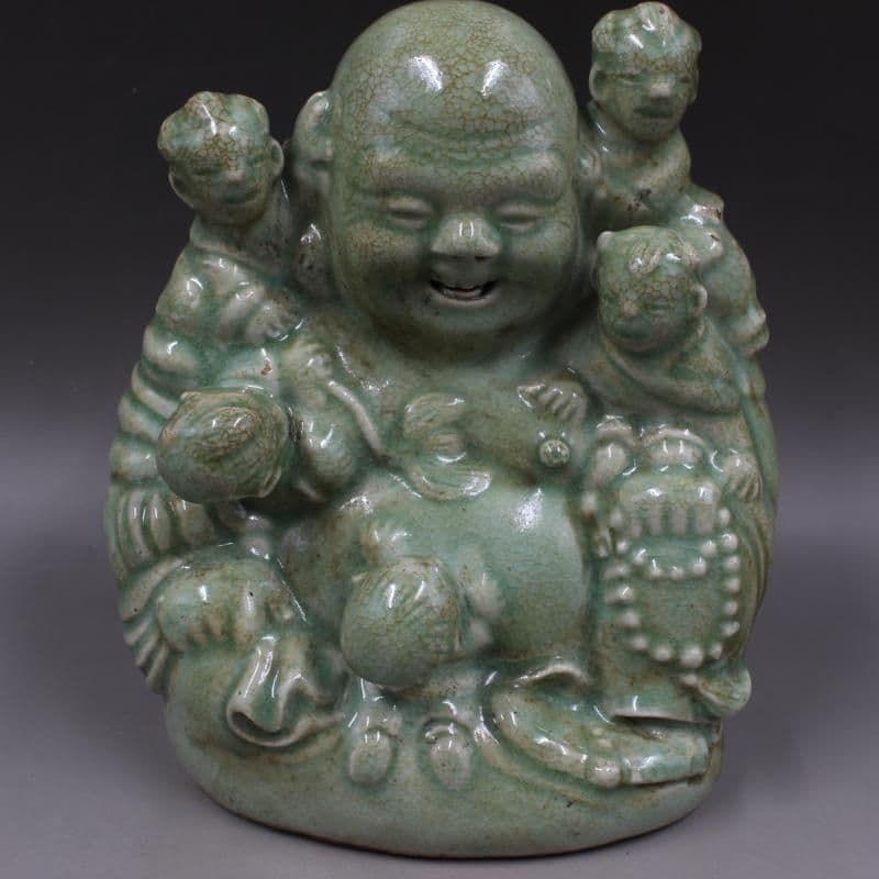 宋龍泉窯彫刻五子登科弥勒仏像 装飾品 現代工芸品 美術品 置物