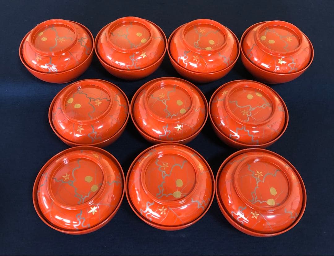 ❗️割引《R》朱塗 ドングリ蒔絵 菓子椀10客 木製漆器 木箱　250922あ3