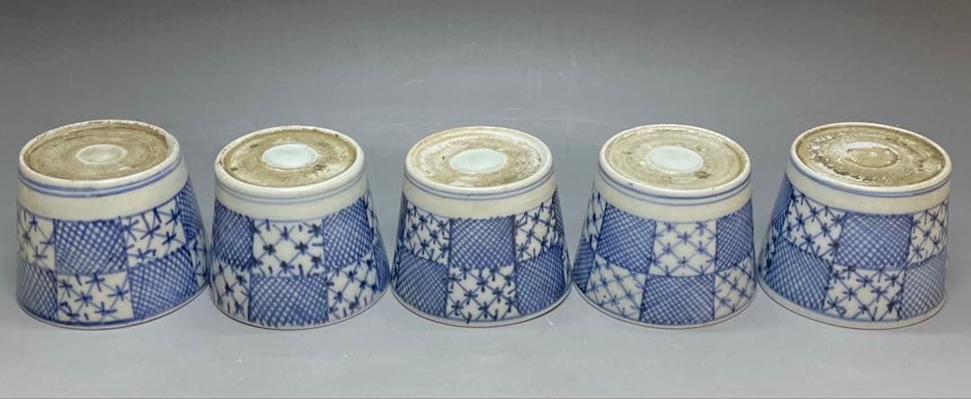 古伊万里　蕎麦猪口　市松格子文　染付　江戸時代 　10客　u019