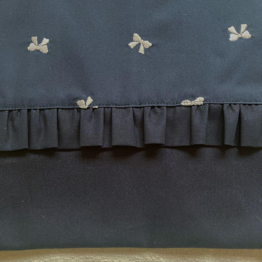 Py！リボン刺繍無地両面フリルレッスンバッグ+体操服袋+巾着袋セット　紺