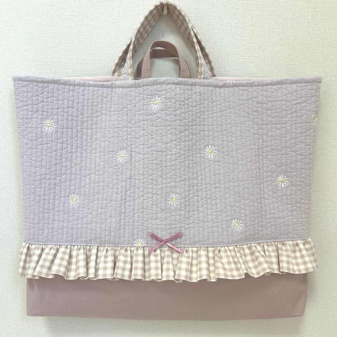 入園入学3点セット　【紫お花ヌビ×くすみピンク】　女の子　レッスンバッグ　大きめ