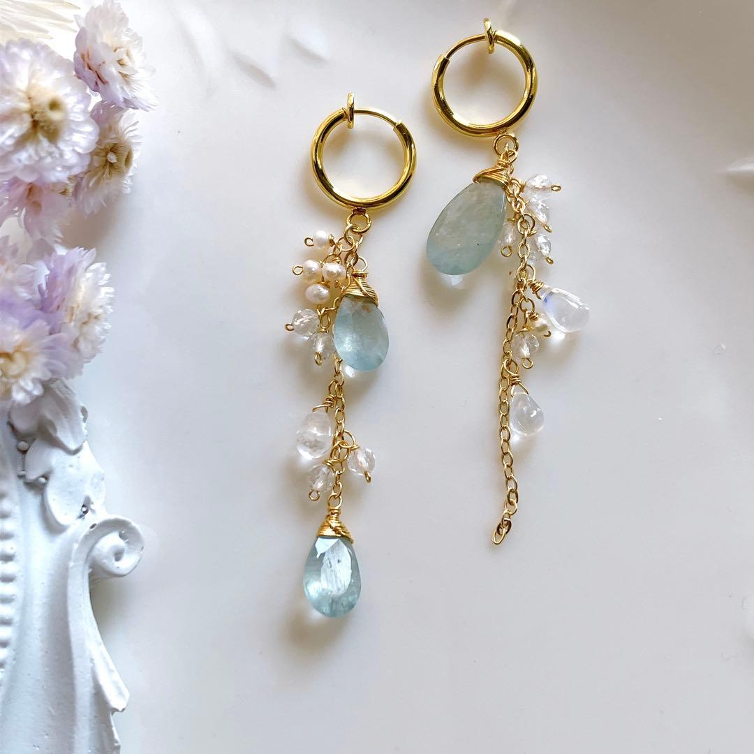 シンデレラアクアマリン×水晶アシンメトリーイヤリング✧14kgf