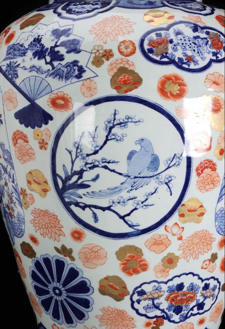有田焼 染錦窓絵花鳥山水図 獅子摘蓋付 沈香壺 大型97㎝ 飾壷 古美術 骨董品