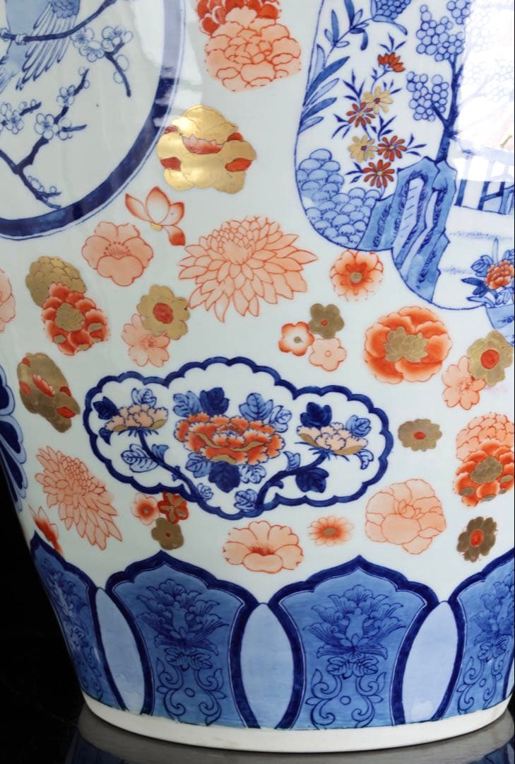 有田焼 染錦窓絵花鳥山水図 獅子摘蓋付 沈香壺 大型97㎝ 飾壷 古美術 骨董品