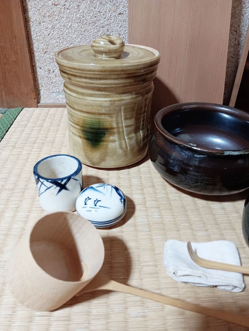 茶道具セット　短編箱　茶道 茶碗　茶せん　茶杓　なつめ　茶巾　棗　黄瀬戸　水指