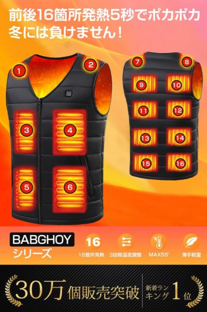 BABGHOY 充電式加熱ベスト 16箇所発熱
