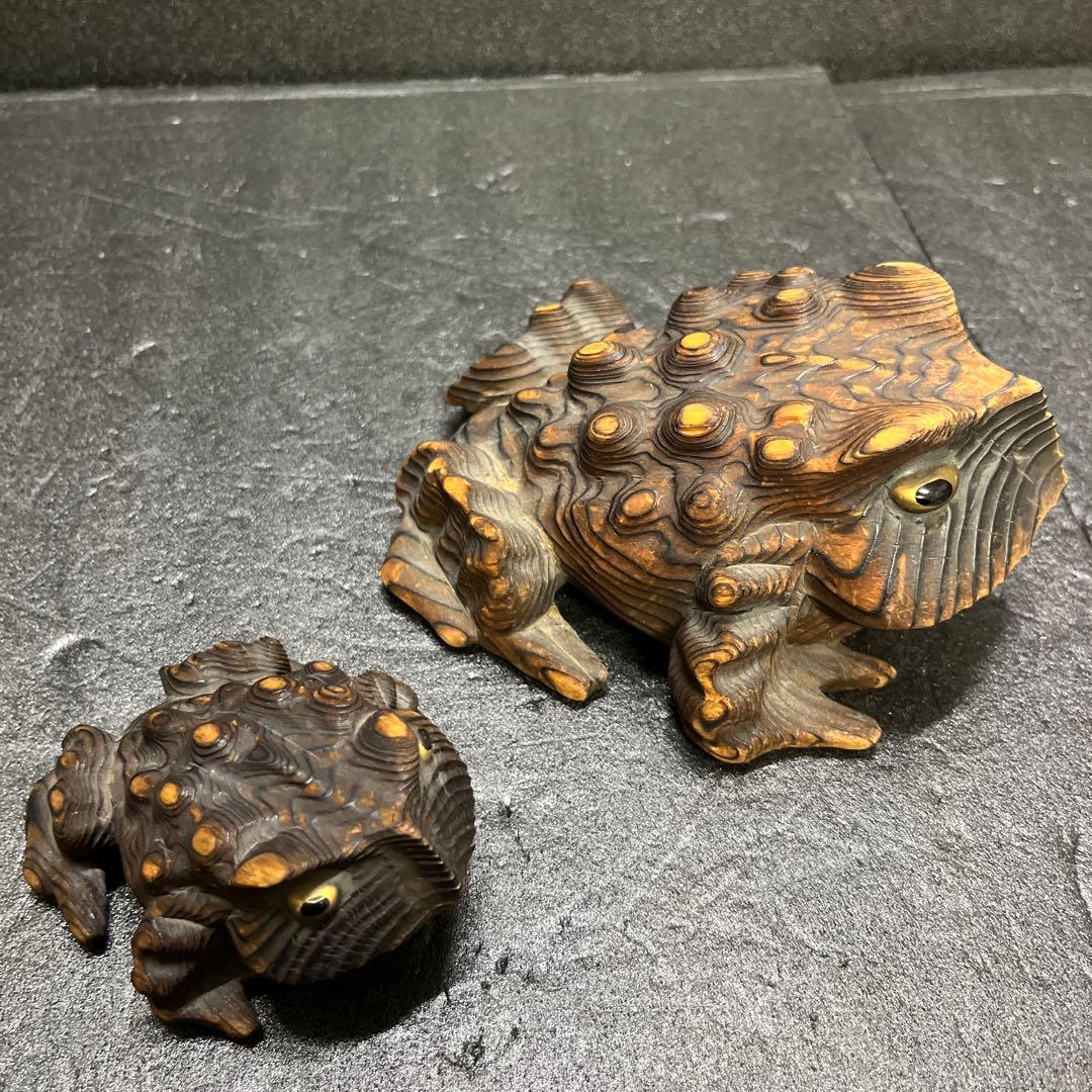 K2縁起物 木彫り親子カエル レトロ