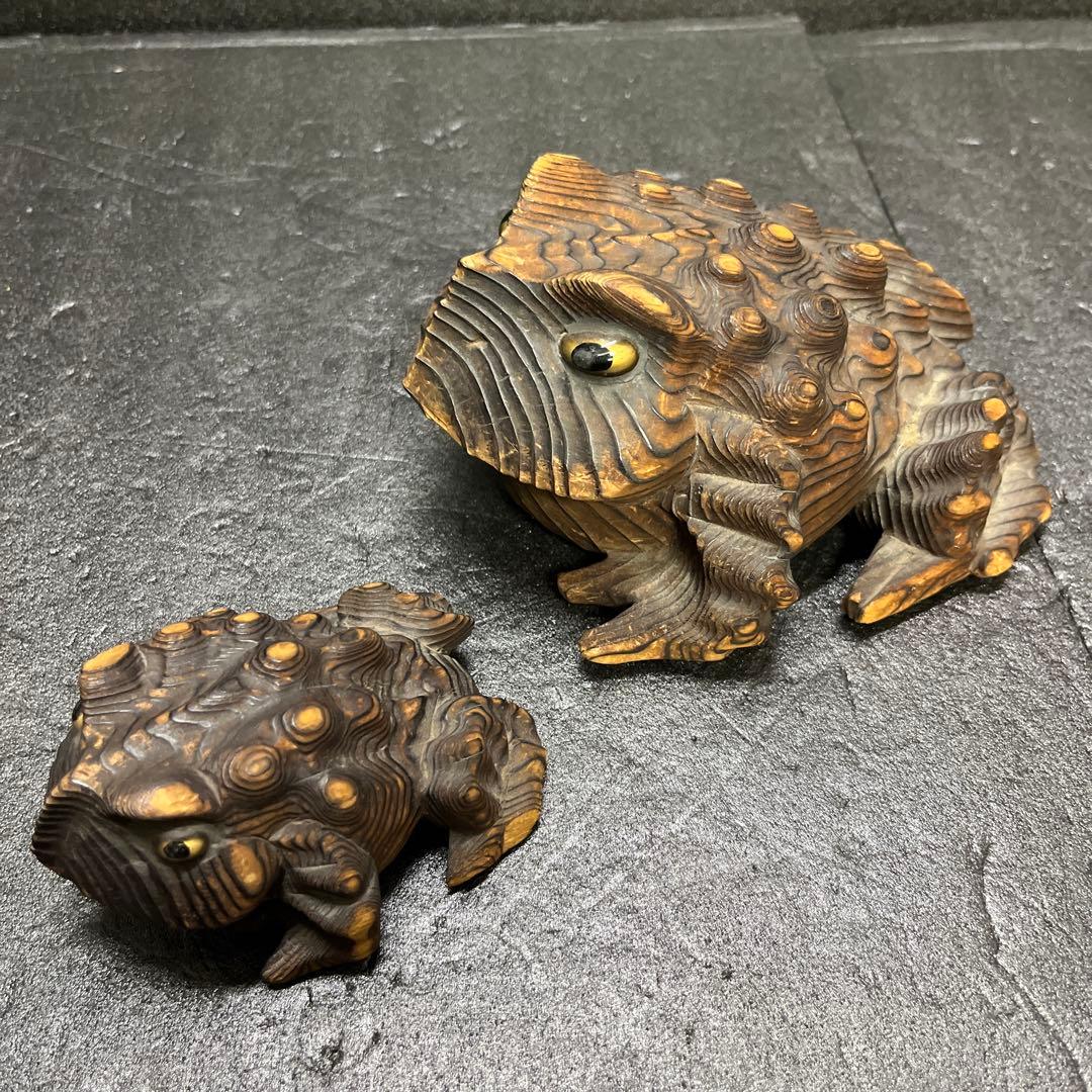 K2縁起物 木彫り親子カエル レトロ
