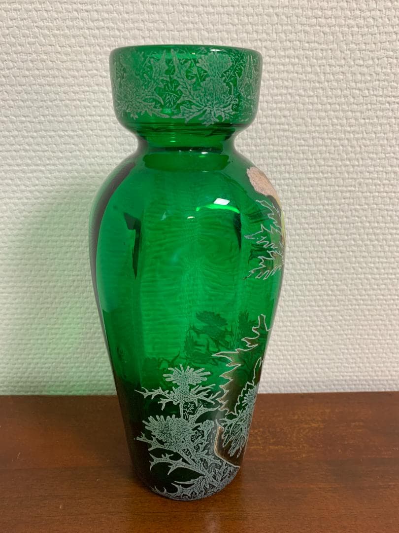 ✨希少✨吹きガラスエナメル彩色薊模様のポット　花瓶　フランスアンティーク　ルグラ